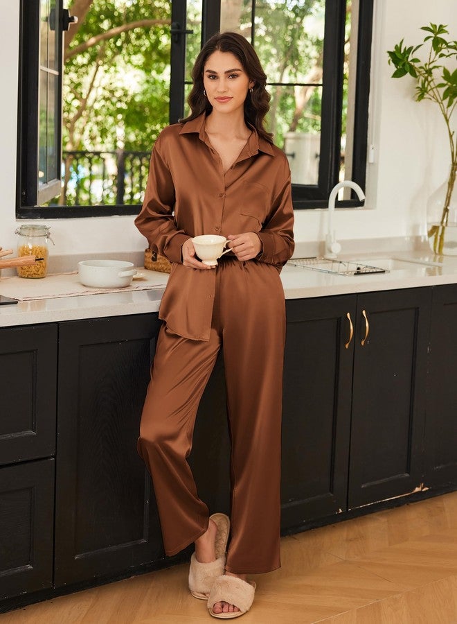 Ekouaer Womens 2 Piece Silk Satin Pajama Set Long Sleeve Lounge Sets Button Down Shirts and Pants PJs Soft Sleepwear Sets Clay L - Image 3